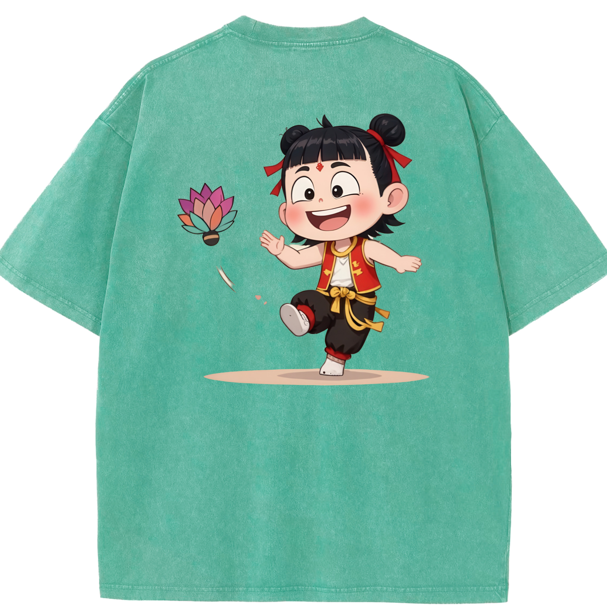 （画像用） Ne Zha 2 ナタ 魔童の大暴れ 綿100% ヴィンテージ風 半袖Tシャツ（背面プリント）